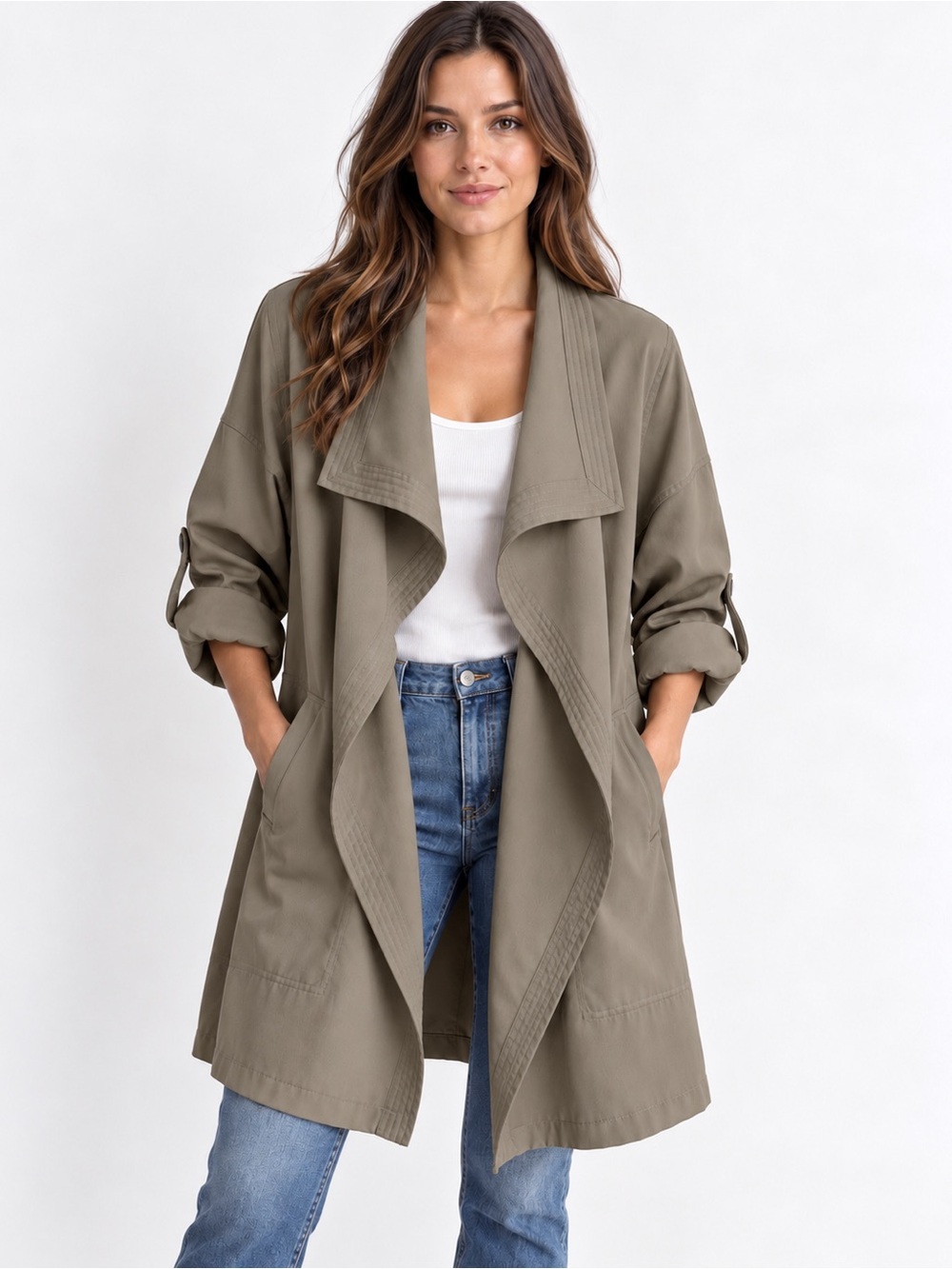 Max Studio Olive-Taupe Open Front Trench Coat